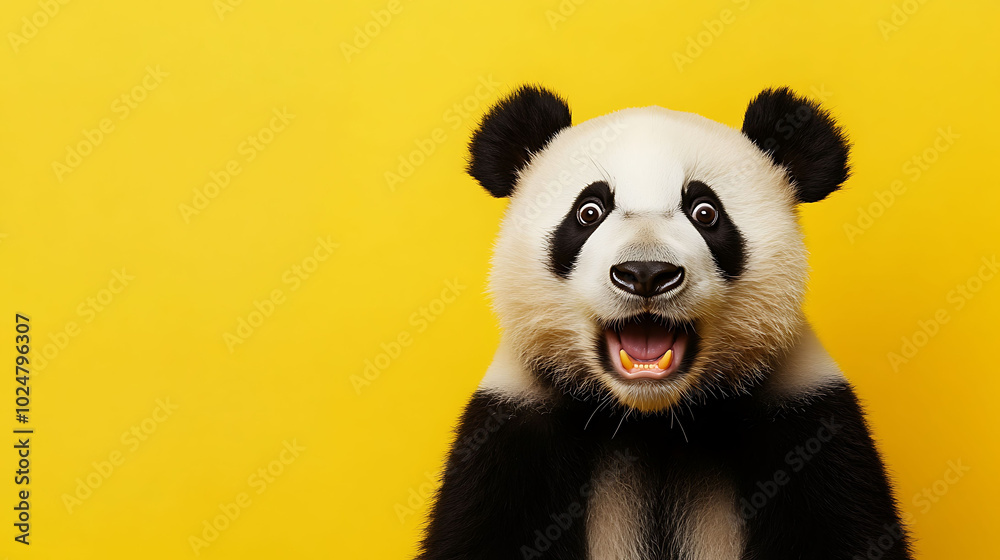 A surprised panda with an open mouth and big eyes looks directly at the camera against a vibrant yellow background. A surprised panda with an open mouth and big eyes looks directly at the camera against a vibrant yellow background.