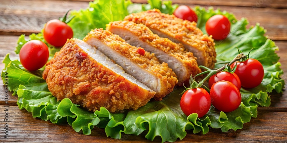 Crispy Fried Meat Slices Served on a Bed of Fresh Greens with Vibrant Red Cherry Tomatoes Crispy Fried Meat Slices Served on a Bed of Fresh Greens with Vibrant Red Cherry Tomatoes