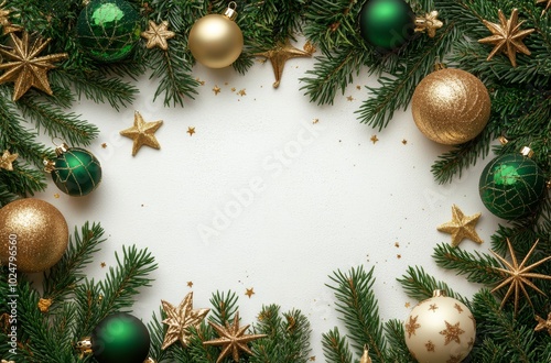 Decorated festive arrangement of green and gold ornaments surrounded by everg...