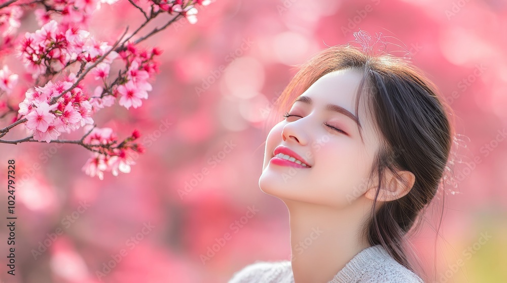 Beautiful Asian Woman Smiling with Eyes Closed among Cherry Blossoms, Spring Beauty and Serenity