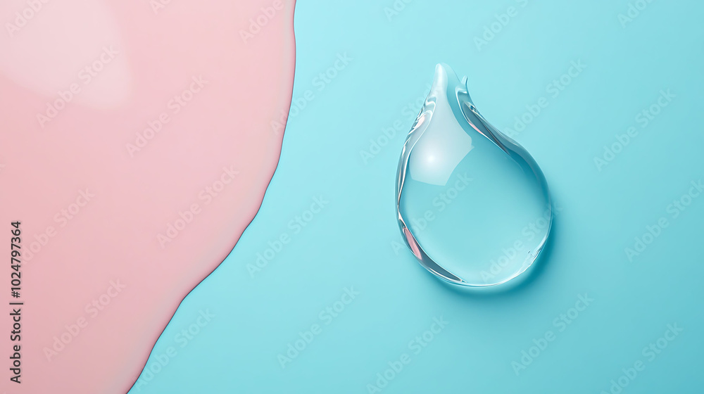 A clear water drop sits on a blue background with pink paint in the background. A clear water drop sits on a blue background with pink paint in the background.