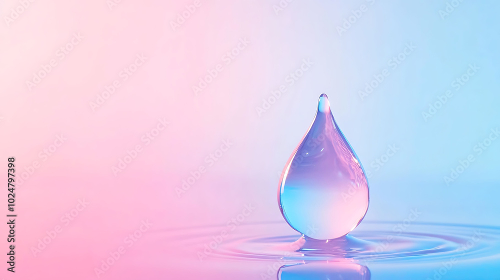A single water drop suspended in mid-air, creating a ripple effect in the water below. The background is a soft pink and blue gradient. A single water drop suspended in mid-air, creating a ripple effect in the water below. The background is a soft pink and blue gradient.