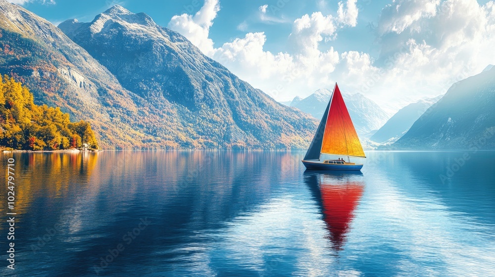 Fototapeta premium A delightful view of a colorful sailboat on a calm blue lake, surrounded by stunning mountains, capturing the perfect blend of adventure and relaxation in a breathtaking landscape.