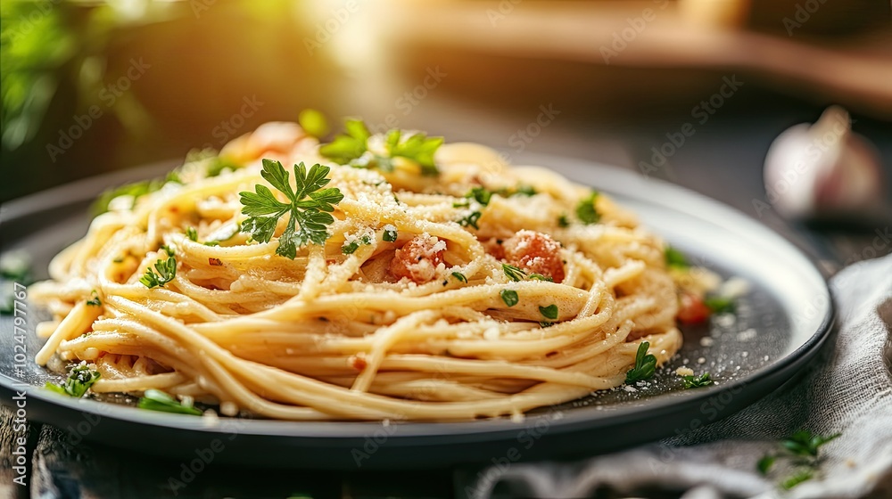 A detailed shot of a delicious plate of spaghetti carbonara, rich with creamy sauce and garnished with fresh parsley, captured in warm, inviting lighting for an appetizing effect. A detailed shot of a delicious plate of spaghetti carbonara, rich with creamy sauce and garnished with fresh parsley, captured in warm, inviting lighting for an appetizing effect.