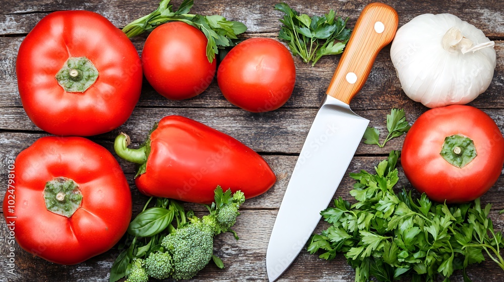 Fresh red tomatoes, peppers, garlic, broccoli, and parsley on a rustic wooden cutting board with a silver knife. Fresh red tomatoes, peppers, garlic, broccoli, and parsley on a rustic wooden cutting board with a silver knife.