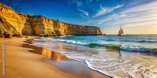 A solitary sailboat glides across turquoise waters, a stark contrast against the golden sandstone cliffs and the tranquil beach beneath a vast expanse of blue sky with delicate wisps of white clouds.