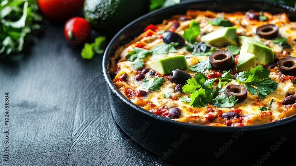 A fresh, healthy lasagna made with chicken and beans, topped with pitted olives, avocado, and coriander, baked in a black dish and placed on a dark wooden table, creating a wholesome meal scene. A fresh, healthy lasagna made with chicken and beans, topped with pitted olives, avocado, and coriander, baked in a black dish and placed on a dark wooden table, creating a wholesome meal scene.
