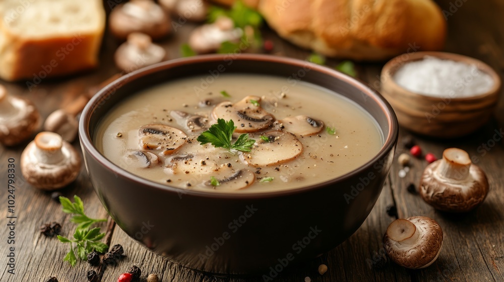 A bowl of creamy mushroom soup garnished with parsley, pepper, and mushroom slices, surrounded by whole mushrooms, bread, and salt. A bowl of creamy mushroom soup garnished with parsley, pepper, and mushroom slices, surrounded by whole mushrooms, bread, and salt.