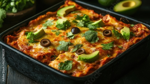 A fresh, healthy lasagna made with chicken and beans, topped with pitted olives, avocado, and coriander, baked in a black dish and placed on a dark wooden table, creating a wholesome meal scene.