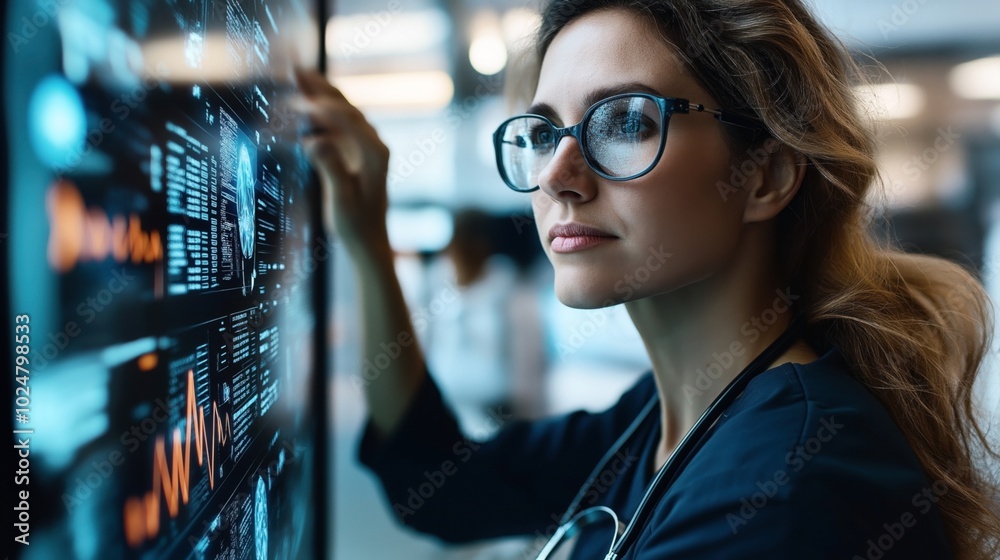Woman wearing glasses analyzing digital data on a large touchscreen interface in a modern office environment. Woman wearing glasses analyzing digital data on a large touchscreen interface in a modern office environment.
