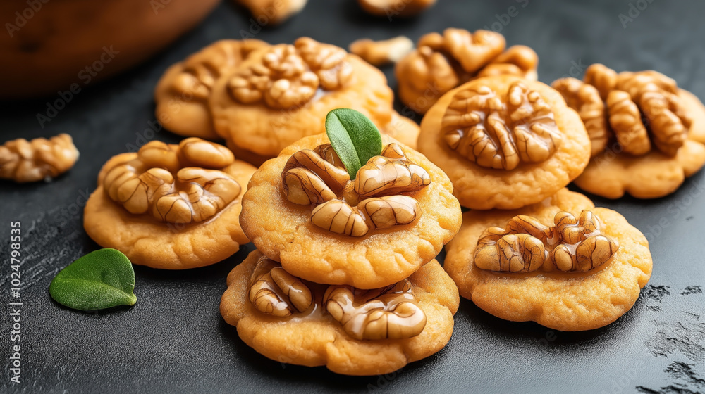 Close-up of homemade cookies topped with walnut halves on a dark surface, accompanied by a small green leaf for garnish. Close-up of homemade cookies topped with walnut halves on a dark surface, accompanied by a small green leaf for garnish.