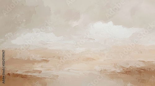 Neutral beige and white abstract oil painting with visible brushstrokes and palette knife textures, creating a blurred landscape effect