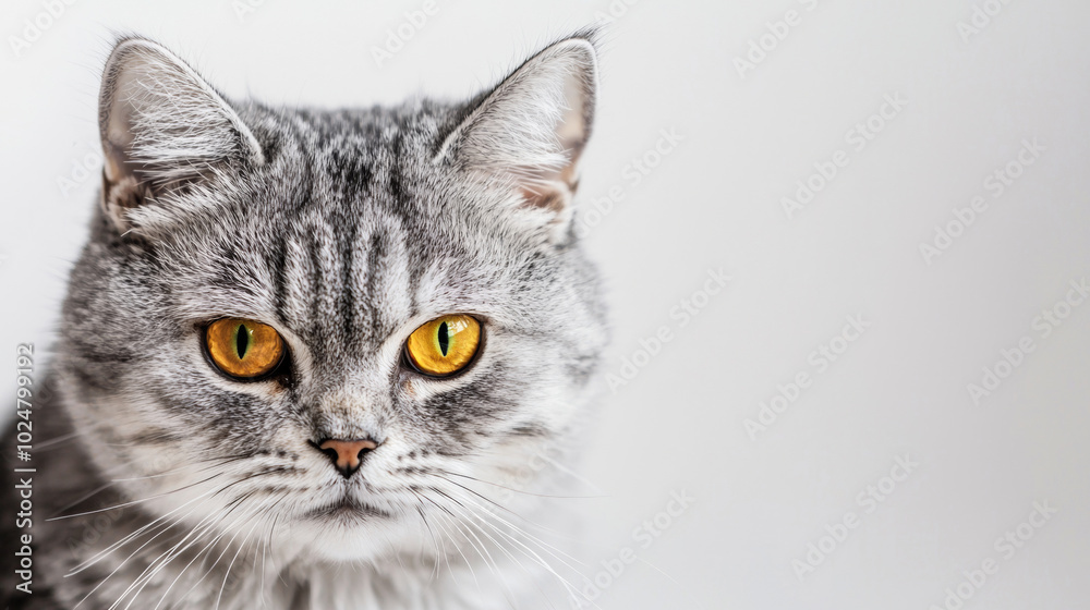 Portrait of a silver tabby cat with striking yellow eyes, its intense gaze captivating the viewer against a minimalist white background