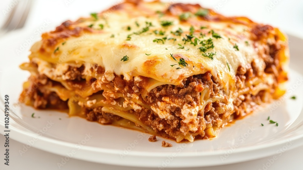 A mouthwatering lasagna portion served on a white plate, placed on one side of the image with the other half left as clean copy space, ideal for menu descriptions or advertisements. - A mouthwatering lasagna portion served on a white plate, placed on one side of the image with the other half left as clean copy space, ideal for menu descriptions or advertisements. -