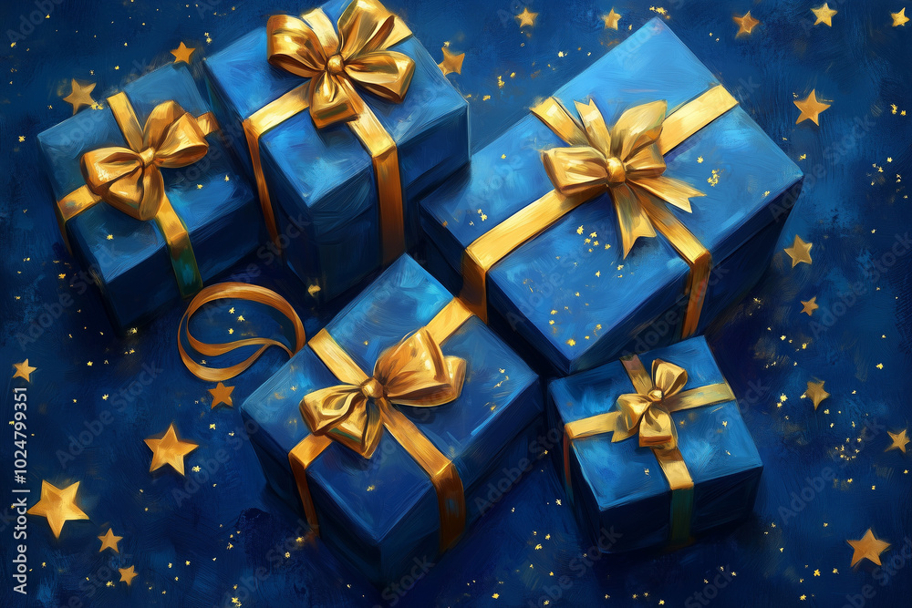 Festive Illustration of Blue Gifts with Golden Bows and Ribbons on Blue Background Near Stars Festive Illustration of Blue Gifts with Golden Bows and Ribbons on Blue Background Near Stars