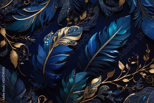 A seamless pattern with a digital illustration of feathers, their soft curves and intricate details captured in vibrant shades of indigo against an electric night sky background