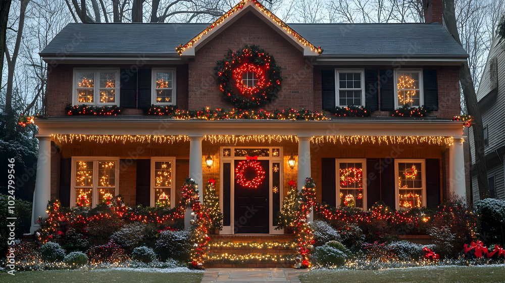 Festively decorated house with Christmas lights and wreaths. Festively decorated house with Christmas lights and wreaths.