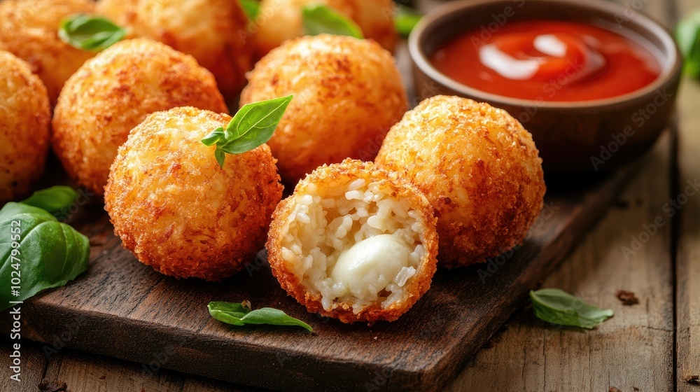 A mouthwatering presentation of arancini on a rustic wooden table, featuring several fried rice balls filled with creamy mozzarella, garnished with fresh basil and served with a tangy dipping sauce. A mouthwatering presentation of arancini on a rustic wooden table, featuring several fried rice balls filled with creamy mozzarella, garnished with fresh basil and served with a tangy dipping sauce.