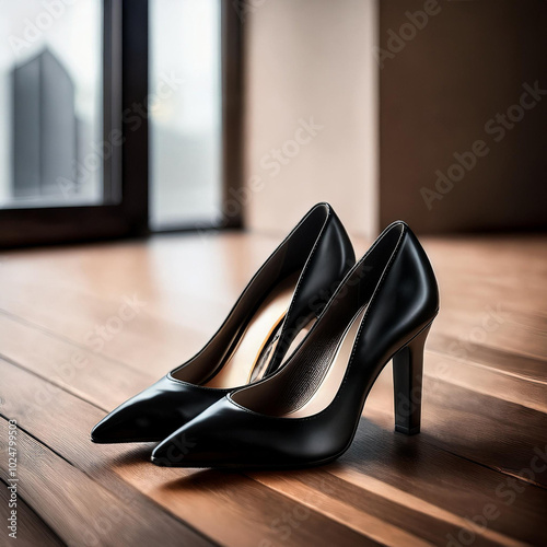 Elegant Black High Heels on Wooden Floor