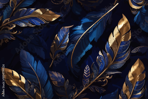 A seamless pattern with a digital illustration of feathers, their soft curves and intricate details captured in vibrant shades of indigo against an electric night sky background