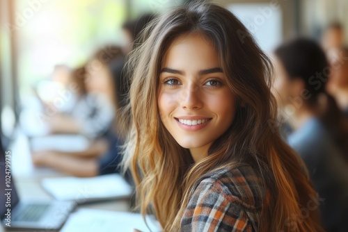 A young woman with long hair and a friendly smile sits at her desk in a vibrant classroom. Surrounding her are classmates focused on their laptops, highlighting a lively and collaborative learning env