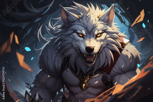 an anime style, featuring a fierce monster resembling a wolf illustration