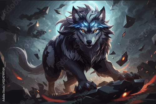 an anime style, featuring a fierce monster resembling a wolf illustration