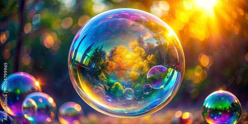 A shimmering soap bubble captures the essence of a sunlit forest, reflecting a vibrant tapestry of colors and textures A shimmering soap bubble captures the essence of a sunlit forest, reflecting a vibrant tapestry of colors and textures