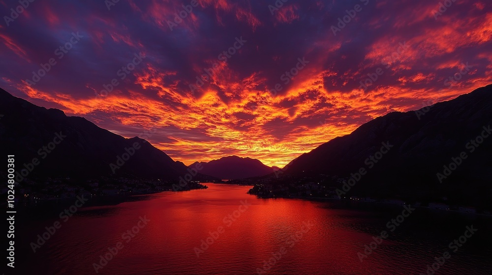 A panoramic view of Kotor's bay at sunset, showcasing the silhouette of the mountains against a backdrop of fiery orange and deep purple skies, creating a serene and picturesque scene. A panoramic view of Kotor's bay at sunset, showcasing the silhouette of the mountains against a backdrop of fiery orange and deep purple skies, creating a serene and picturesque scene.