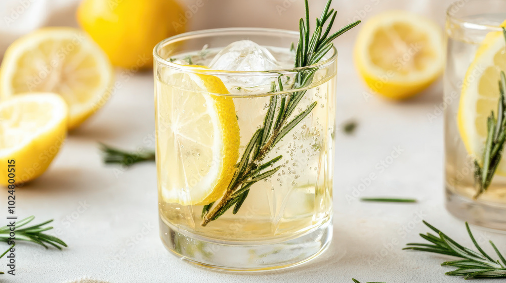 Refreshing lemon and rosemary cocktail with ice, served in a clear glass, garnished with fresh lemon slices and sprigs of rosemary