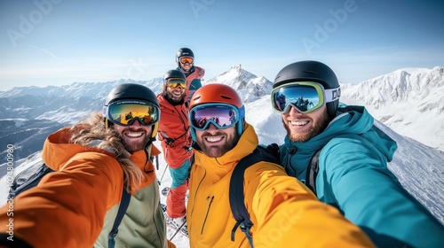 Group of friends wearing helmets and goggles taking a selfie on a snowy mountain top during a skiing or snowboarding trip with clear skies and mountain range in the background