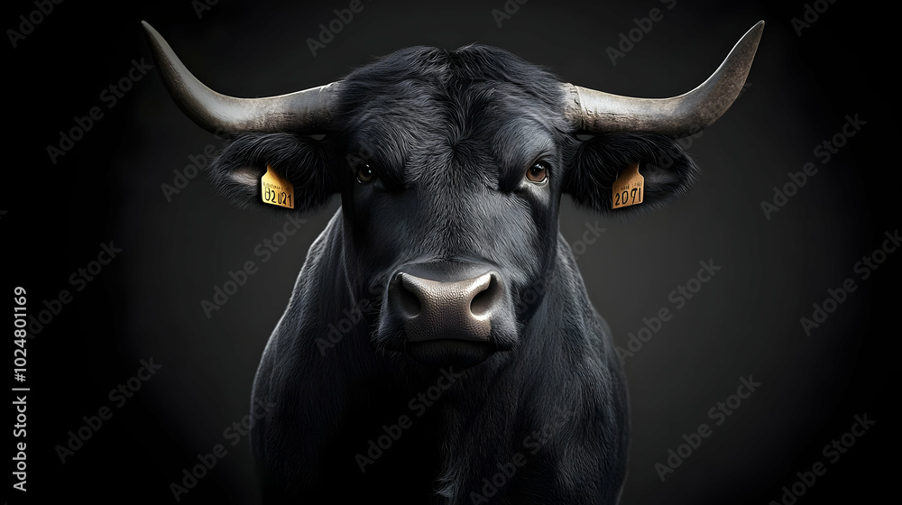 Naklejka premium A close-up of a black bull with prominent horns against a dark background.