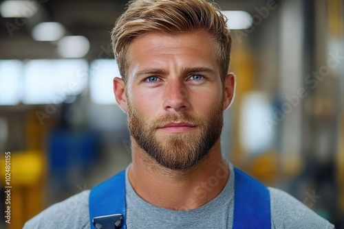 A handsome young worker stands confidently in a bright, busy factory environment, showcasing his professionalism and dedication while wearing a blue apron.