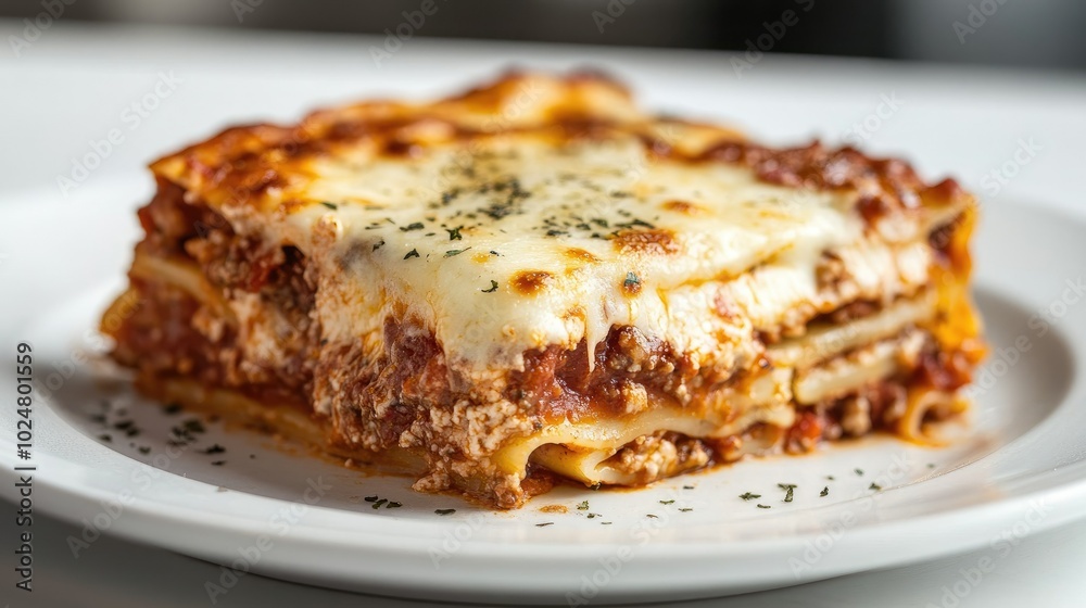 A savory top-down shot of a lasagna slice with visible layers of pasta, meat sauce, and melted cheese, centered on a white plate, highlighting the textures and flavors of this classic dish. A savory top-down shot of a lasagna slice with visible layers of pasta, meat sauce, and melted cheese, centered on a white plate, highlighting the textures and flavors of this classic dish.
