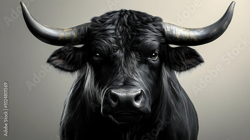 A close-up of a black bull with prominent horns and intense expression.