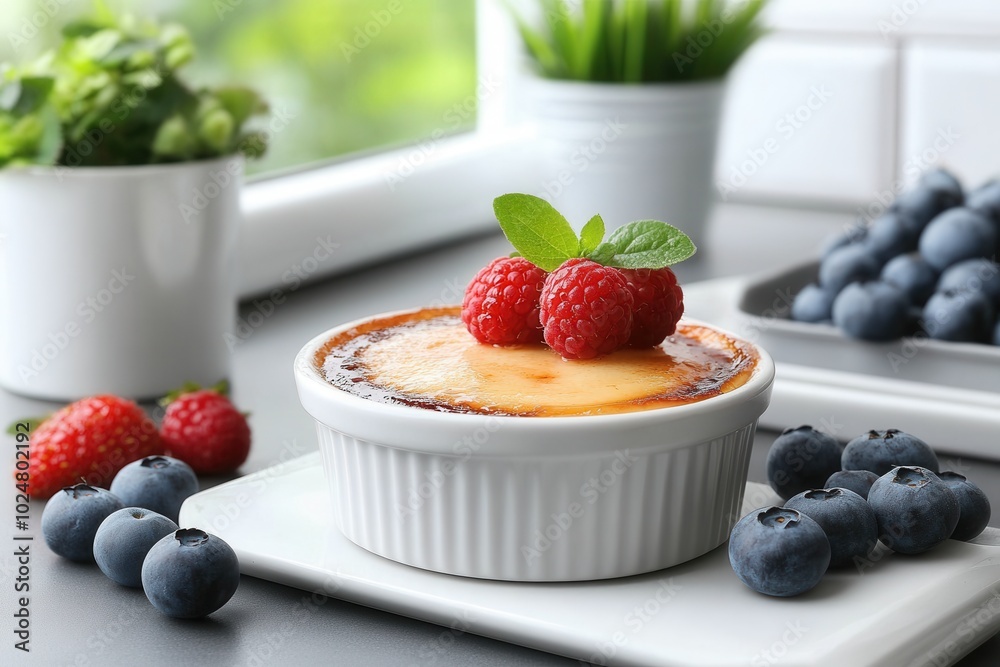 A beautifully caramelized creme brulee dessert topped with fresh raspberries and blueberries, artfully presented on a white plate with vibrant greenery in the background. A beautifully caramelized creme brulee dessert topped with fresh raspberries and blueberries, artfully presented on a white plate with vibrant greenery in the background.