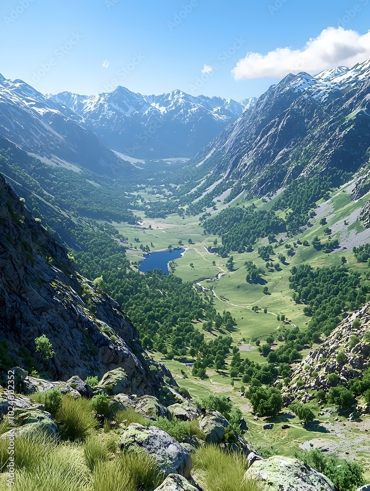 A stunning view of a mountain valley with a small lake in the distance, framed by snow-capped peaks under a blue sky. A stunning view of a mountain valley with a small lake in the distance, framed by snow-capped peaks under a blue sky.