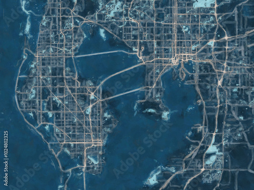 Painterly Style City Map of Tampa Bay Florida, USA in a Blue Color Scheme.