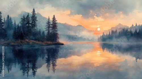 Sunrise Over Misty Lake with Mountains