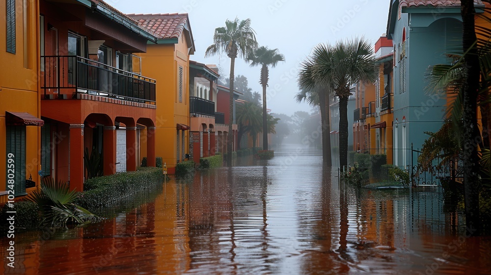 Obraz premium Flooded residential street with vibrant colors and palm trees during a heavy rainstorm at dusk. Generative AI