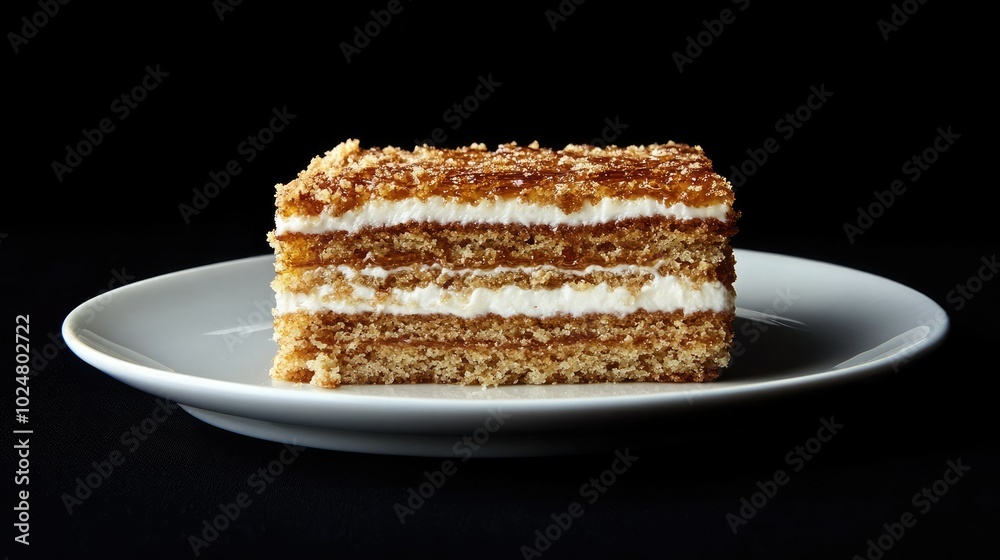 A square slice of honey cake with creamy layers on a white plate, isolated on a black background. The contrast highlights the dessert's structure and rich, golden tones. A square slice of honey cake with creamy layers on a white plate, isolated on a black background. The contrast highlights the dessert's structure and rich, golden tones.
