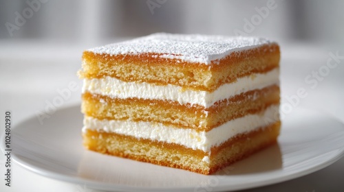 A square slice of traditional Russian Medovik honey cake with creamy sour cream, placed on a white plate, isolated against a bright background, highlighting the cake's delicate layers.