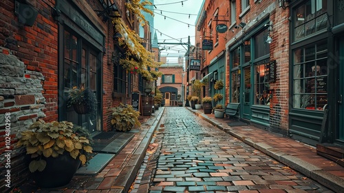 Fototapeta Naklejka Na Ścianę i Meble -  A historical building in Toronto's Distillery District, showcasing cobblestone streets and charming shops. 