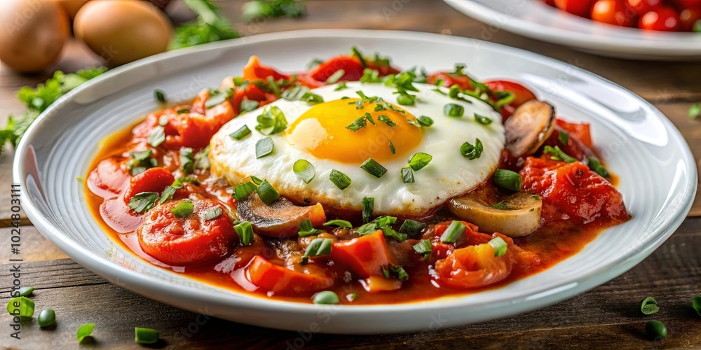 A Single Fried Egg Nestled in a Rich Tomato Sauce, Accompanied by Sliced Mushrooms and Fresh Herbs on a White Plate A Single Fried Egg Nestled in a Rich Tomato Sauce, Accompanied by Sliced Mushrooms and Fresh Herbs on a White Plate
