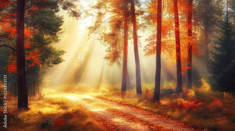Sun rays breaking through the trees in a misty autumn forest, illuminating a path through the woods. Sun rays breaking through the trees in a misty autumn forest, illuminating a path through the woods.
