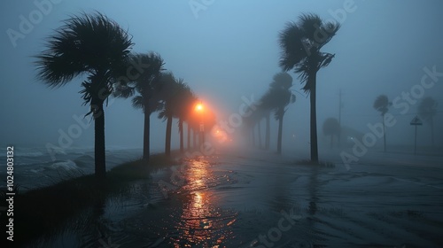 Choppy waves crash against palm trees as a storm looms over a coastal road at dusk. Generative AI photo