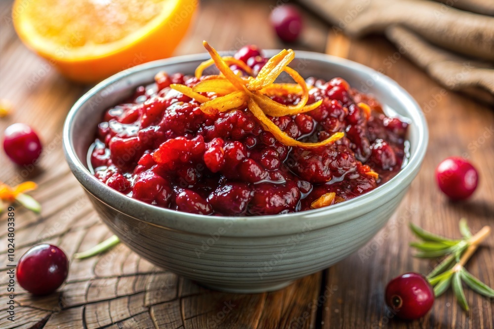 Festive cranberry sauce with orange zest on rustic table thanksgiving side dish Festive cranberry sauce with orange zest on rustic table thanksgiving side dish