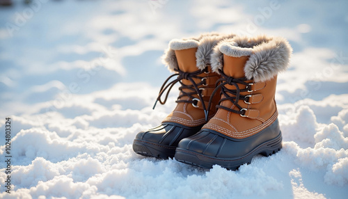 Warm winter boots on snowy ground in sunlight photo