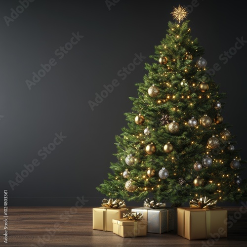 A beautifully decorated Christmas tree adorned with gold and silver ornaments, surrounded by festive presents.