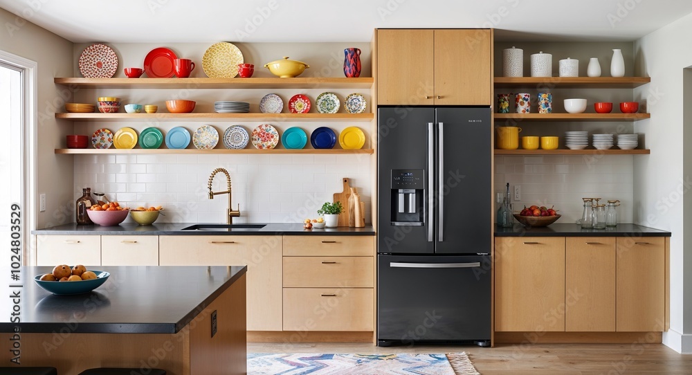 Bright modern kitchen with open shelving colorful plates and a large fridge